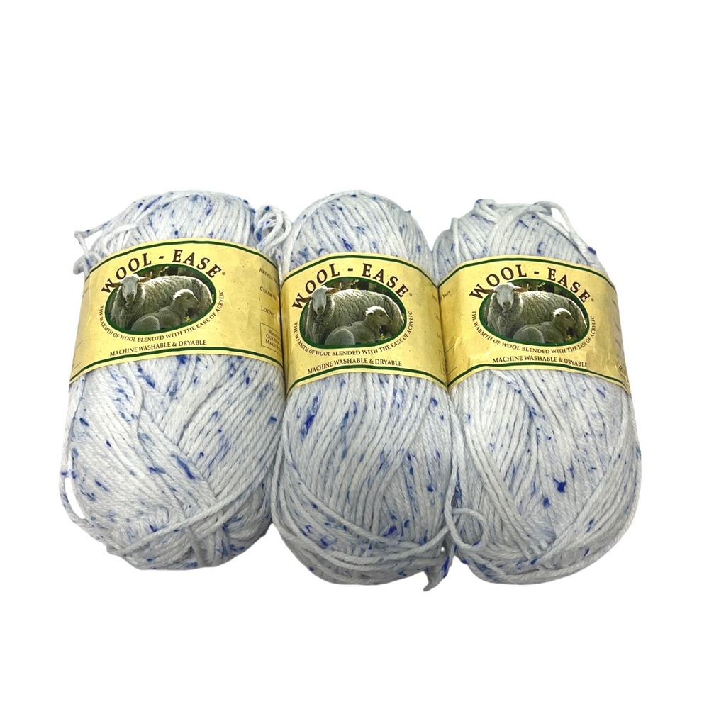 VTG Lion Brand Wool-Ease Yarn Wedgewood 160 Blue White Tweed 3 Skeins 4 Ply